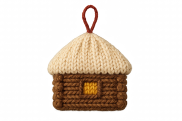 A handmade knitted log cabin Christmas ornament with a beige roof and a warm yellow window creates a cozy, rustic, and festive holiday decoration for a seasonal celebration