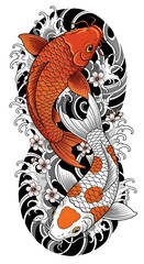 Japanese Koi Fish Tattoo Design with Waves and Cherry Blossoms &ndash; Traditional Colorful Koi Carp Illustration, Oriental Art, Yin Yang Harmony, Japanese Water and Sakura Tattoo Style
