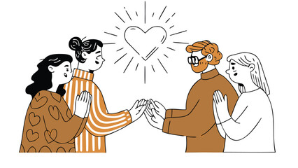 Charming characters tenderly embrace a radiant glowing heart symbolizing love connection and warmth in a vibrant colorful design perfect for emotional themes and celebrations