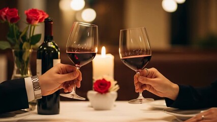 Couple toasting red wine glasses during a romantic dinner date with candle and roses - Powered by Adobe