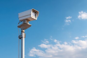 Security camera against a bright blue, cloud-filled sky