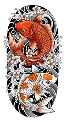 Japanese Koi Fish Tattoo Design with Waves and Cherry Blossoms &ndash; Traditional Colorful Koi Carp Illustration, Oriental Art, Yin Yang Harmony, Japanese Water and Sakura Tattoo Style