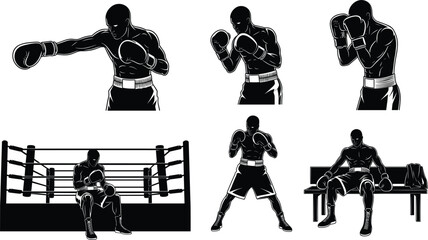 Black Silhouette Vector Set of Boxers in Various Poses: Punching, Defending, Training, Sitting in Corner, and Rest, Ideal for Fighting, Sport, and Competition Graphics