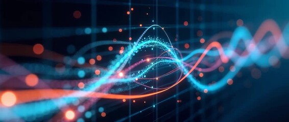 Dynamic abstract particles swirl in a vibrant wave pattern as the camera gently pans, capturing the energy of digital motion in a cinematic, colorful display. - Powered by Adobe