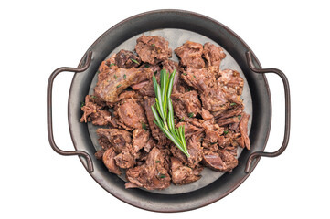 Slowcooked deer and moose meat ragout on textured grey stone backdrop, savory shredded wild game seasoned with herbs.