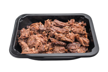 Stewed venison elk meat in a black container on white background, tender braised wild game ready meal rich in flavor and protein.