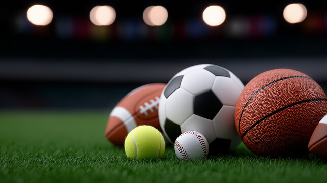 High-energy wide-angle stadium scene showcasing multiple sports balls on lush grass under dramatic stadium lighting, with blurred seating, colorful banners, and immersive textures highlighting competi