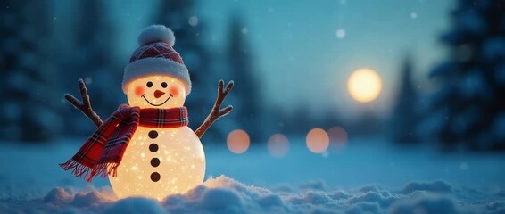 Festive snowman glows warmly at dusk, gentle snowflakes drift, camera pans slowly through a serene winter landscape, creating a cinematic holiday ambiance perfect for seasonal promotions. - Powered by Adobe