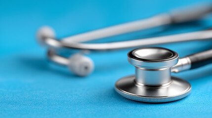 Professional healthcare concept showing a detailed stethoscope on a vibrant blue background with clear space for enrollment text, emphasizing medical services, patient information, and insurance commu