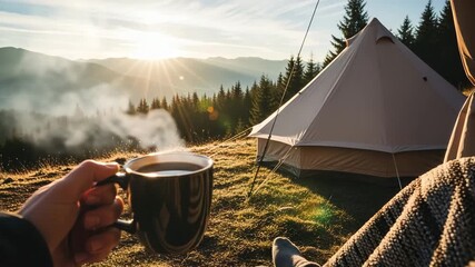 Person enjoying hot coffee at sunrise while camping in mountains with a tent and forest view - Powered by Adobe