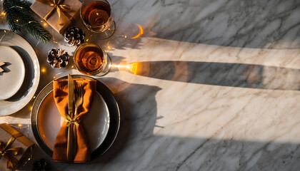 Sophisticated festive dining scene with golden light, perfect for celebrating holidays, special occasions, or elegant dinner parties at home for lifestyle content