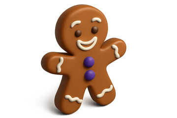 Obraz premium A cheerful gingerbread man cookie character with white icing details and purple buttons smiles happily in a cute, festive, and stylized 3D illustration