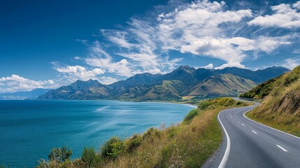 Picturesque coastal highway winding along vibrant turquoise ocean, majestic green mountains under dramatic blue sky with beautiful clouds, breathtaking natural landscape, travel destination.