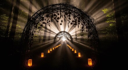 Enchanting illuminated archway in a dark forest with glowing lanterns creating a magical pathway, bathed in dramatic light rays through the trees