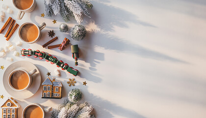 Cozy winter scene with hot cocoa, gingerbread houses, and a festive toy train conveying warmth and holiday cheer for seasonal promotions and designs