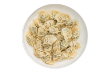 Traditional steamed jiaozi dumplings shot overhead great for dim sum concepts oriental food blogs and professional food imagery.