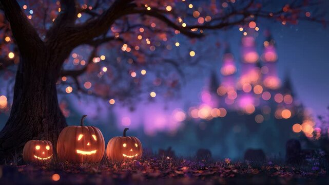 Spooky Halloween pumpkins glow under a tree with a mystical castle illuminated in the background, creating a festive autumn atmosphere at night