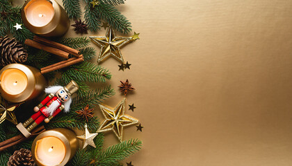Festive Christmas Cheer, Golden Candles, Stars, and Evergreen Boughs for a Joyous Holiday Season, Perfect for Cards and Celebratory Designs