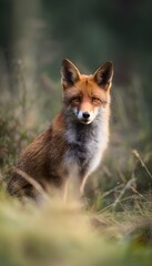 Obraz premium Serene portrait of a wild fox bathed in soft light amidst a peaceful meadow landscape