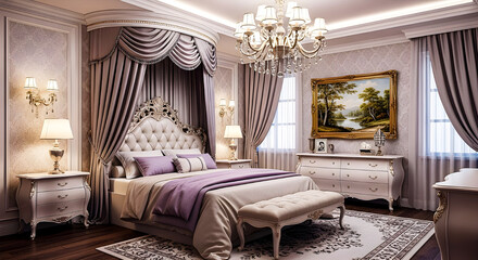Luxurious Canopy Bed Bedroom With Chandelier, Purple Accents, and Elegant Classic Furniture Set
