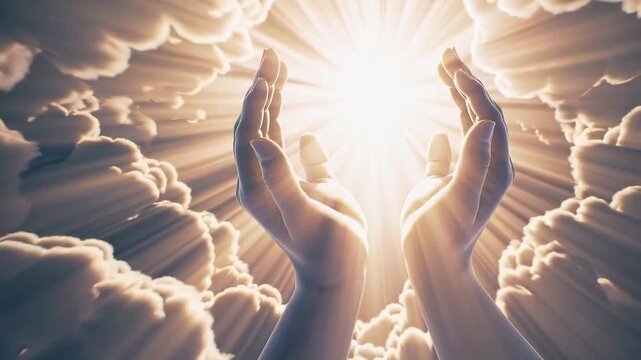 Open hands of God or Jesus Christ in glowing clouds, symbolizing blessing, prayer, and divine worship.