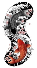 Japanese Koi Fish Tattoo Design with Waves and Cherry Blossoms &ndash; Traditional Colorful Koi Carp Illustration, Oriental Art, Yin Yang Harmony, Japanese Water and Sakura Tattoo Style