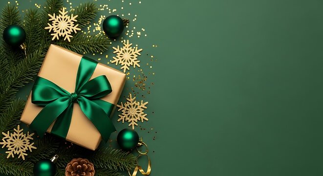 Festive christmas gift box with ornaments and snowflakes on pine branches