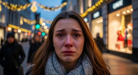 Fototapeta premium Young woman in winter clothing, crying in a Christmas decorated city street. Emotional portrait, sadness expression, London. Young adult in an urban setting.