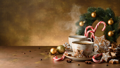 Cozy holiday scene with steaming coffee, gingerbread cookies, candy canes, and Christmas ornaments creating a warm, inviting atmosphere for winter joy
