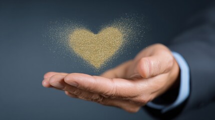 Professional Gesture of Blowing Golden Heart Particles Toward Customers in a Neutral Corporate Setting