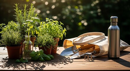 Fresh potted herbs with tools