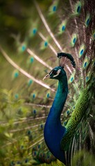 Obraz premium Majestic peacock portrait showcases vibrant feathers and graceful beauty in a serene nature scene