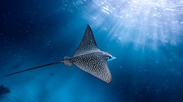 Spotted eagle ray glides through tranquil waters a serene underwater portrait of graceful marine wildlife
