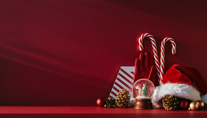 Festive Christmas Still Life with Candy Canes, Santa Hat, and Snow Globe Ready for Holiday Greetings and Seasonal Promotions on a Red Surface