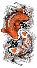 Japanese Koi Fish Tattoo Design with Waves and Cherry Blossoms &ndash; Traditional Colorful Koi Carp Illustration, Oriental Art, Yin Yang Harmony, Japanese Water and Sakura Tattoo Style