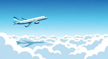 An illustration of a passenger airplane flying high in a clear blue sky, casting a distinctive shadow on a thick layer of white, fluffy clouds below. Represents air travel, global transport