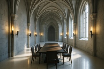 Fototapeta premium Gothic style stone dining hall interior with vaulted ceilings and torch-lit walls, elegant architecture and atmospheric lighting effect. Ai generative