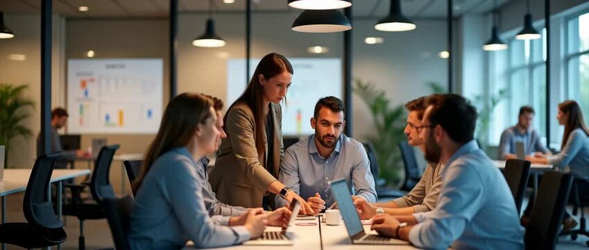 Collaborative business meeting in modern office as team exchanges ideas, camera smoothly pans around, ambient light flickers gently, cinematic style, professional workspace.