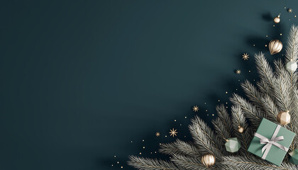 Elegant Christmas corner frame featuring silver pine branches, gold stars, and a beautifully wrapped gift, perfect for holiday greetings and promotions