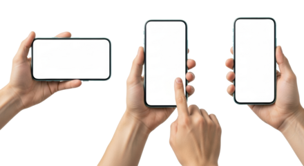 Clean hands holding a modern smartphone with a blank white screen and teal frame in various grips on white studio background, versatile technology mockup concept
