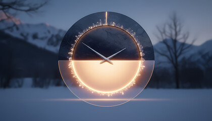 Concept of Winter Solstice "The Longest Night" — Artistic Clock in Snowy Landscape  