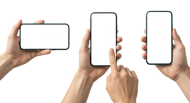 Clean hands holding a modern smartphone with a blank white screen and teal frame in various grips on white studio background, versatile technology mockup concept