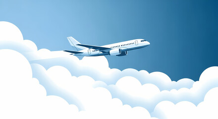 A dynamic illustration of a commercial passenger jet soaring quickly through a bright blue sky, with white clouds framing the foreground and background. Represents speed, travel, and logistics.