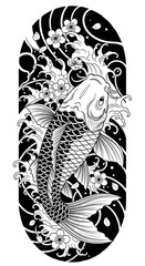 Japanese Koi Fish Tattoo with Waves and Cherry Blossoms &ndash; Bold Blackwork Design