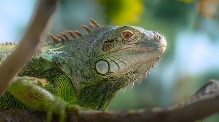 Fototapeta premium Emerald iguana portrait showcasing vibrant scales and a tranquil jungle backdrop in soft daylight