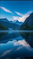 Dramatic moody sky over calm alpine lake background