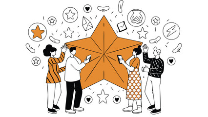 Isometric illustration featuring diverse characters gathered around a large geometric shape suitable for technology business or abstract concepts