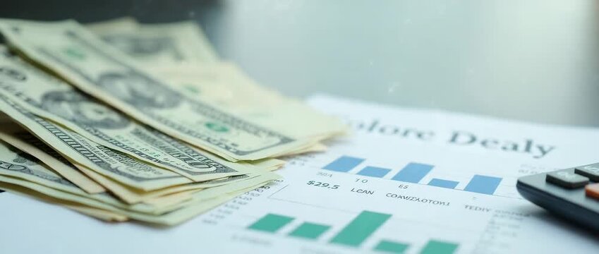 Stacks of cash and a calculator rest on a financial report as the camera pans slowly, capturing the ambient office light flickering in this cinematic business finance scene. - Powered by Adobe