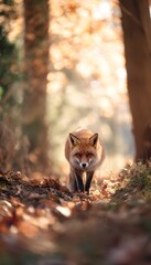Obraz premium Autumn fox strolls through sunlit forest a serene wildlife portrait of peaceful beauty