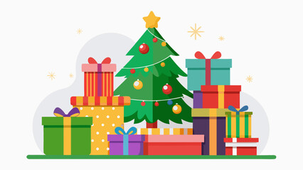 Festive christmas tree surrounded by colorful gift boxes